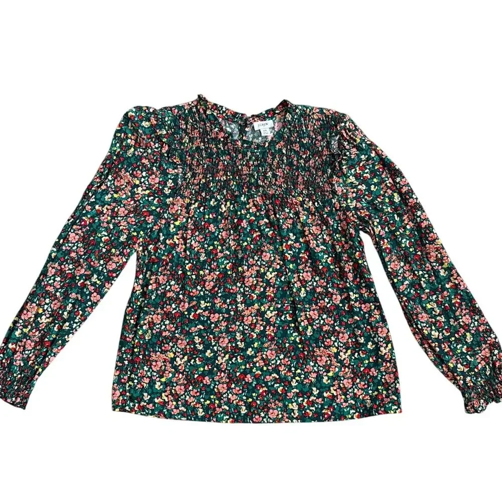 J. Crew Smocked Ruffleneck Top Old Forest‎ Coral Size XS